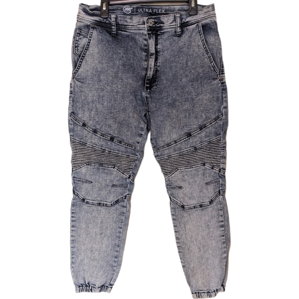 Acid wash stretch denim joggers with interesting details
